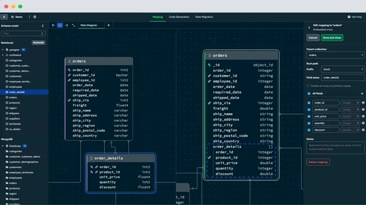 An entity-relationship diagram in Relational Migrator